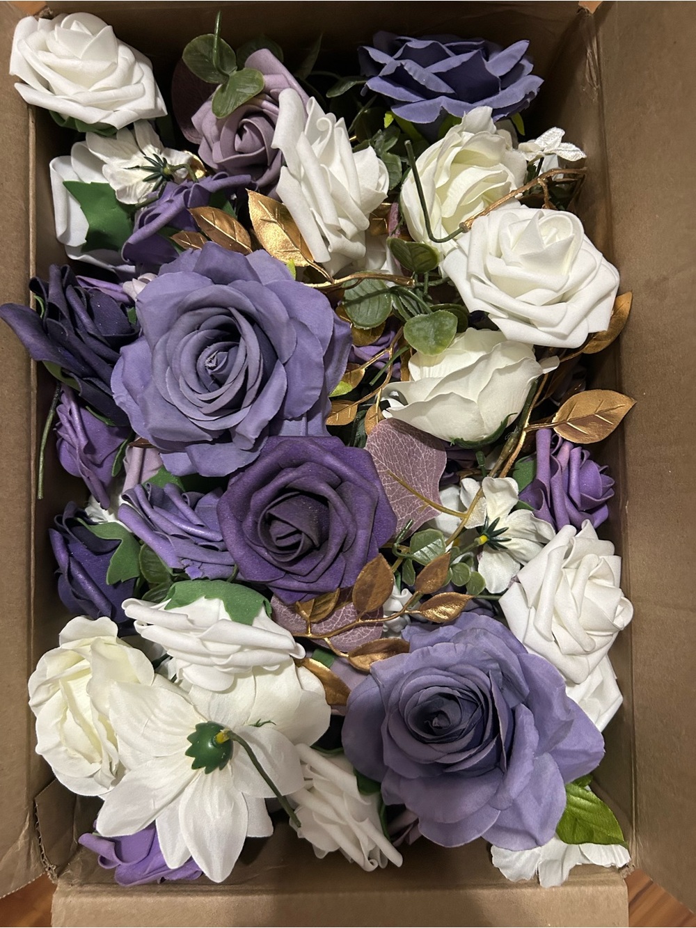 12x14x16 box full of Unbranded White and Purple Artificial Rose Bouquet